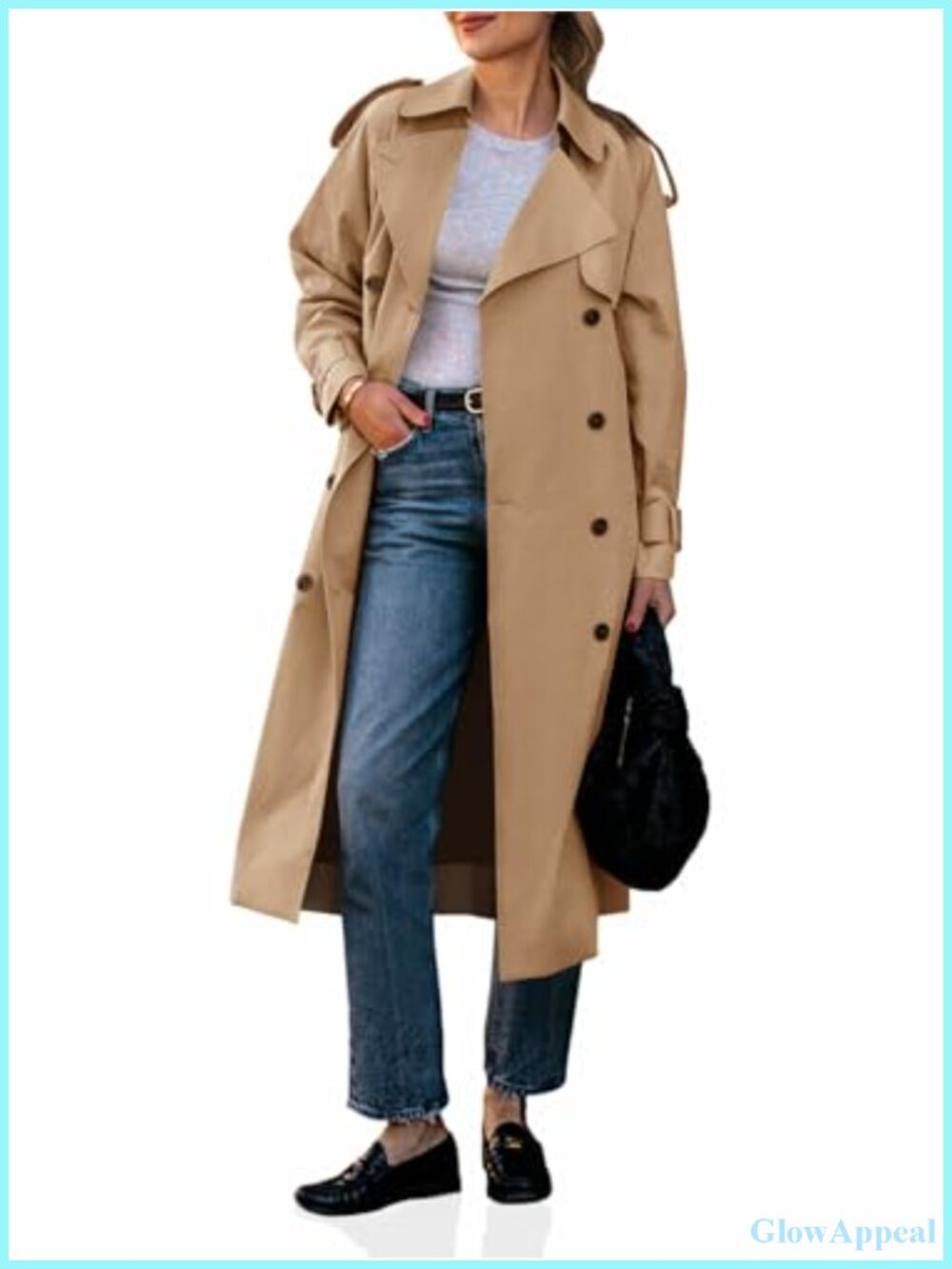 Women's Long Double Breasted Classic Lapel Trench Coat with Belt